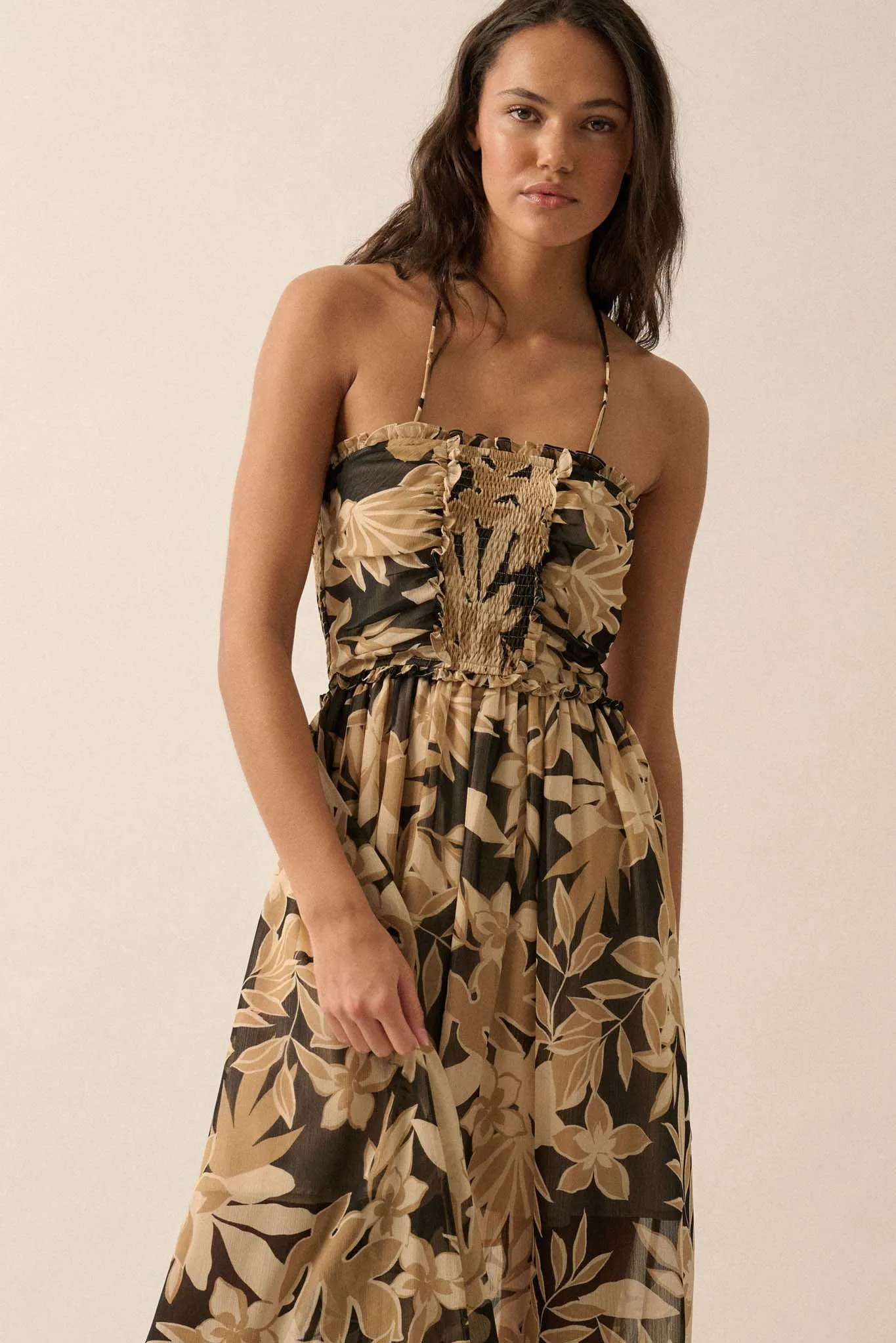 Exotic Beauty Floral Chiffon Halter Maxi Dress