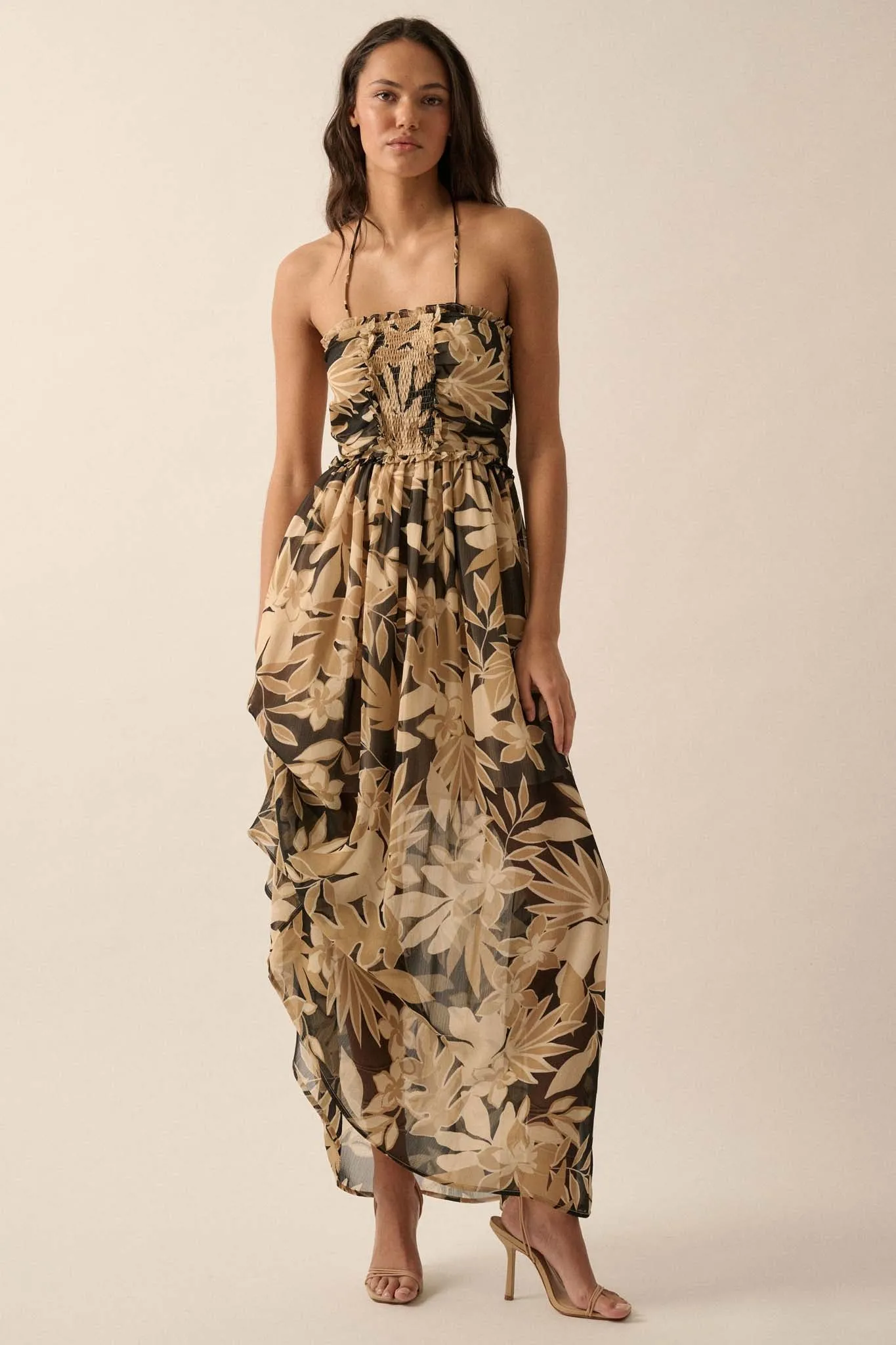 Exotic Beauty Floral Chiffon Halter Maxi Dress