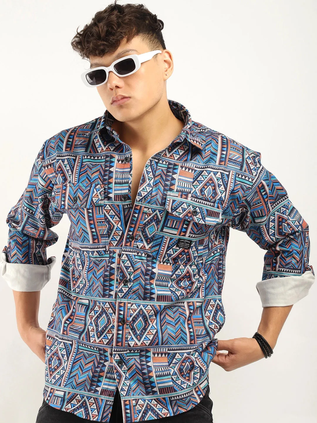 Fabric Jacquard Blue Full Sleeve Printed Shirt