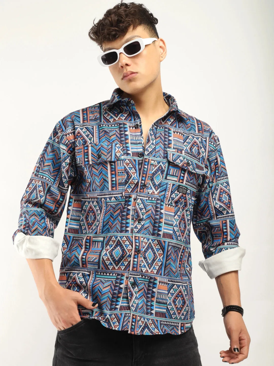 Fabric Jacquard Blue Full Sleeve Printed Shirt