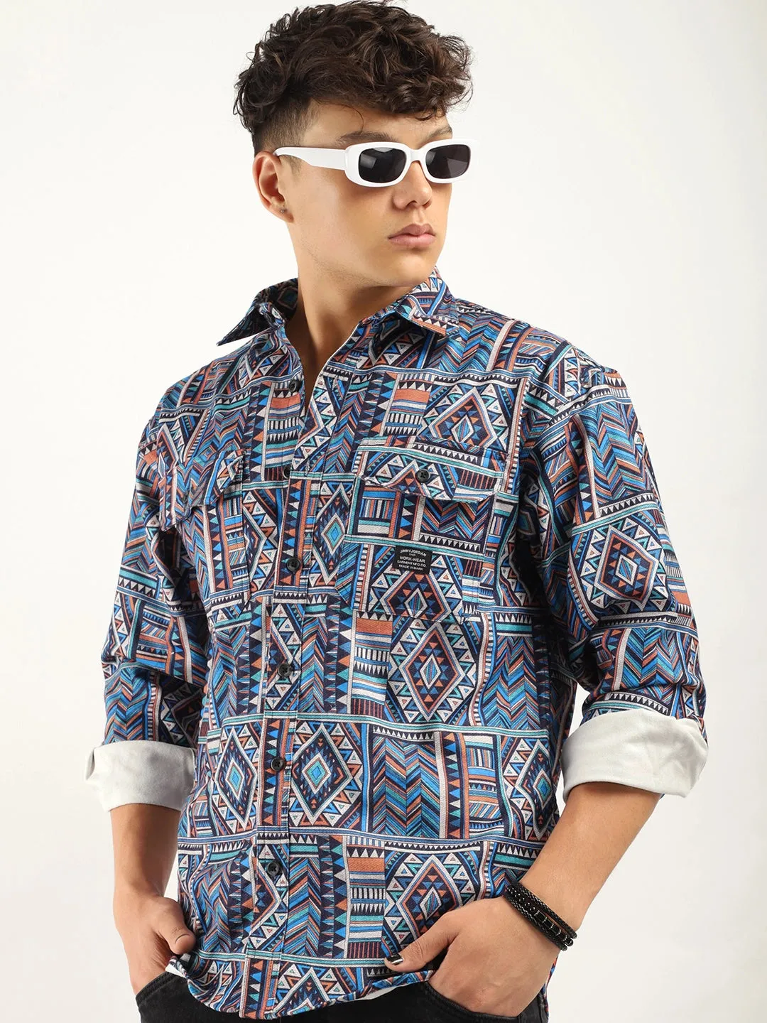 Fabric Jacquard Blue Full Sleeve Printed Shirt