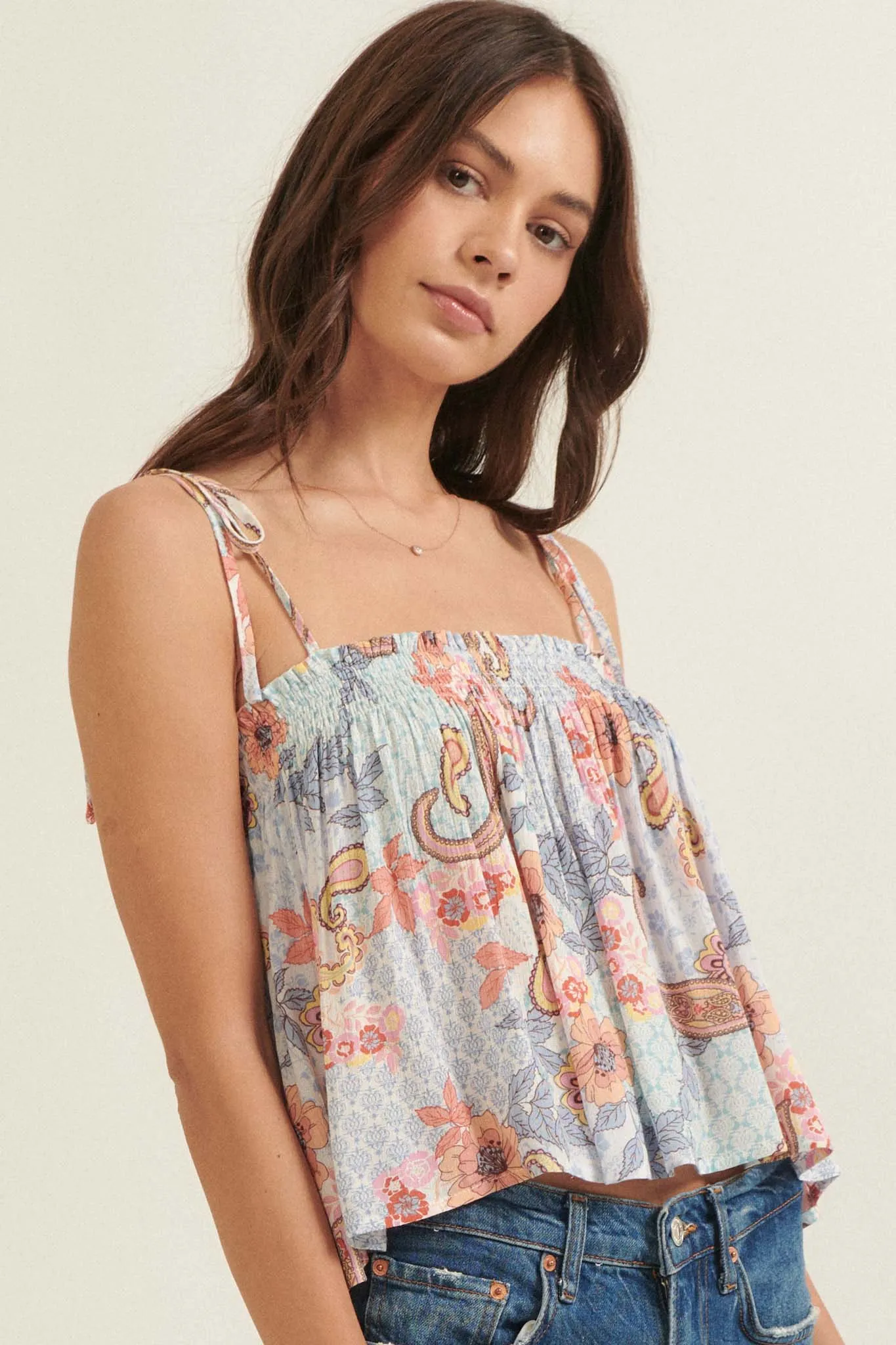 Favorite Fantasy Smocked Paisley Cami Top