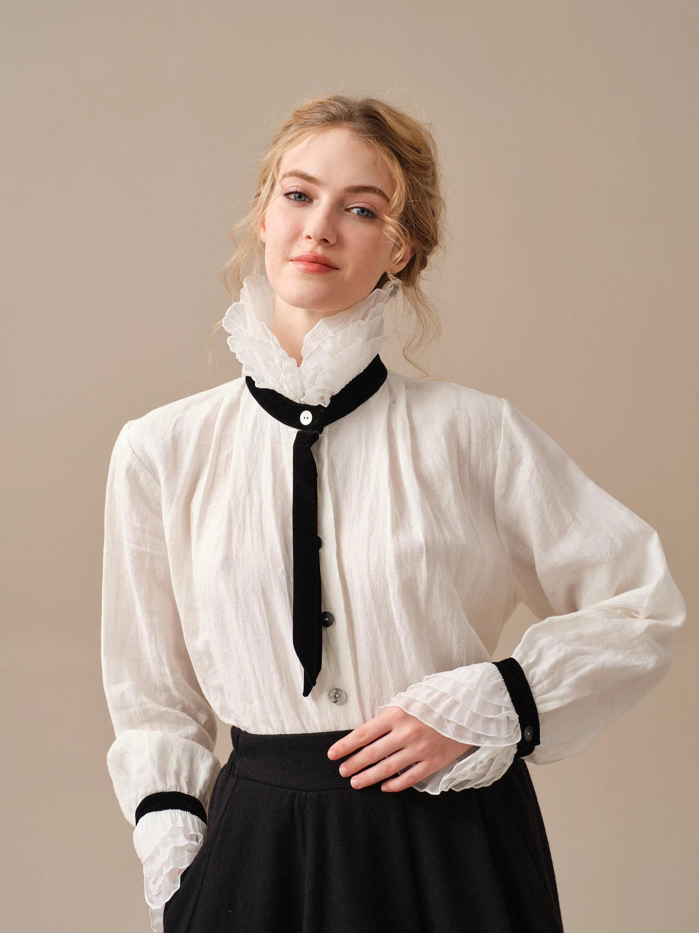 FELICIA 12 | Ruffled White Linen Shirt