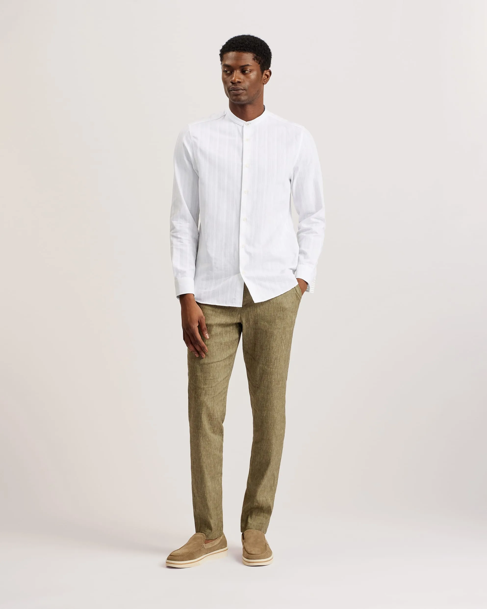 Fier Textured Stripe Grandad Collar Shirt White