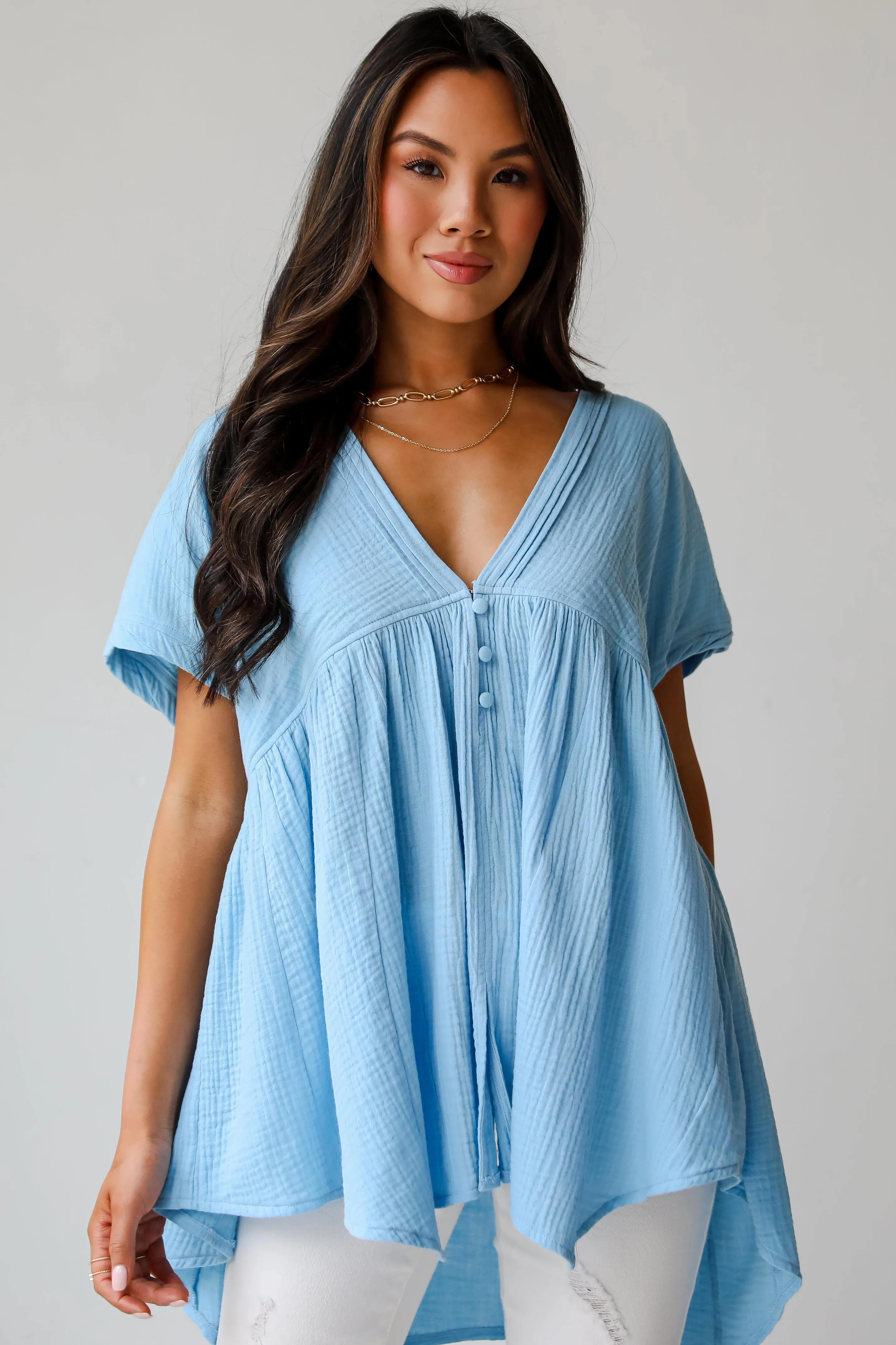 FINAL SALE - Blissful Icon Light Blue Linen Blouse