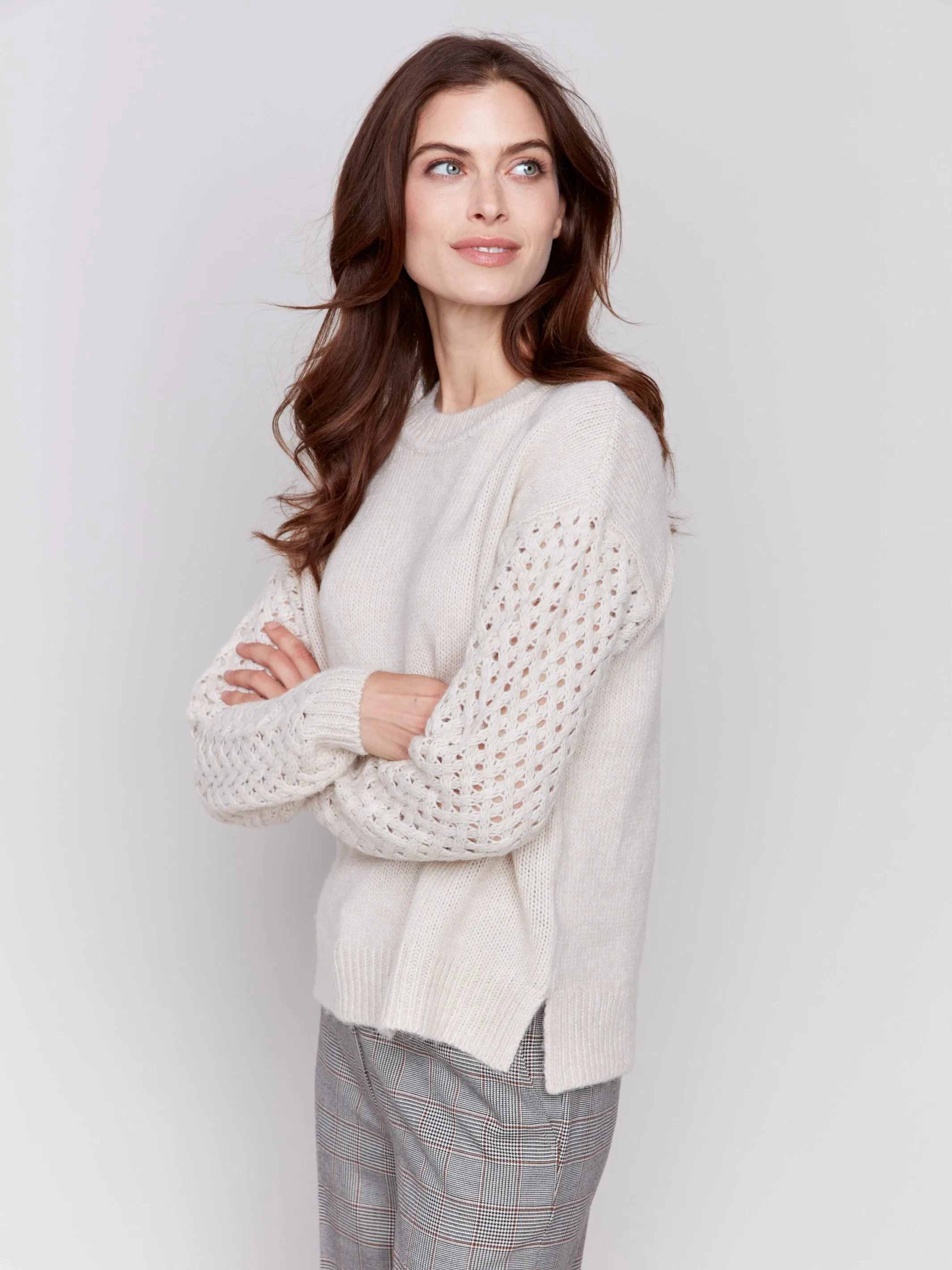 Fishnet Sleeve Crew Neck Sweater - Almond