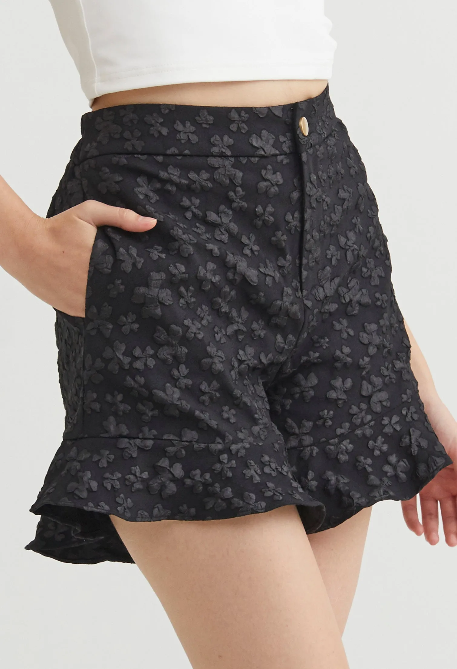 Floral Embossed Jacquared Flare Shorts