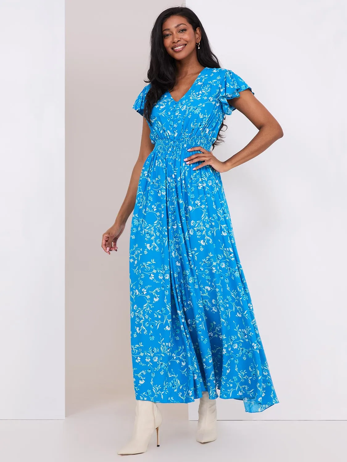 Floral Print Flutter Sleeve Maxi Dress