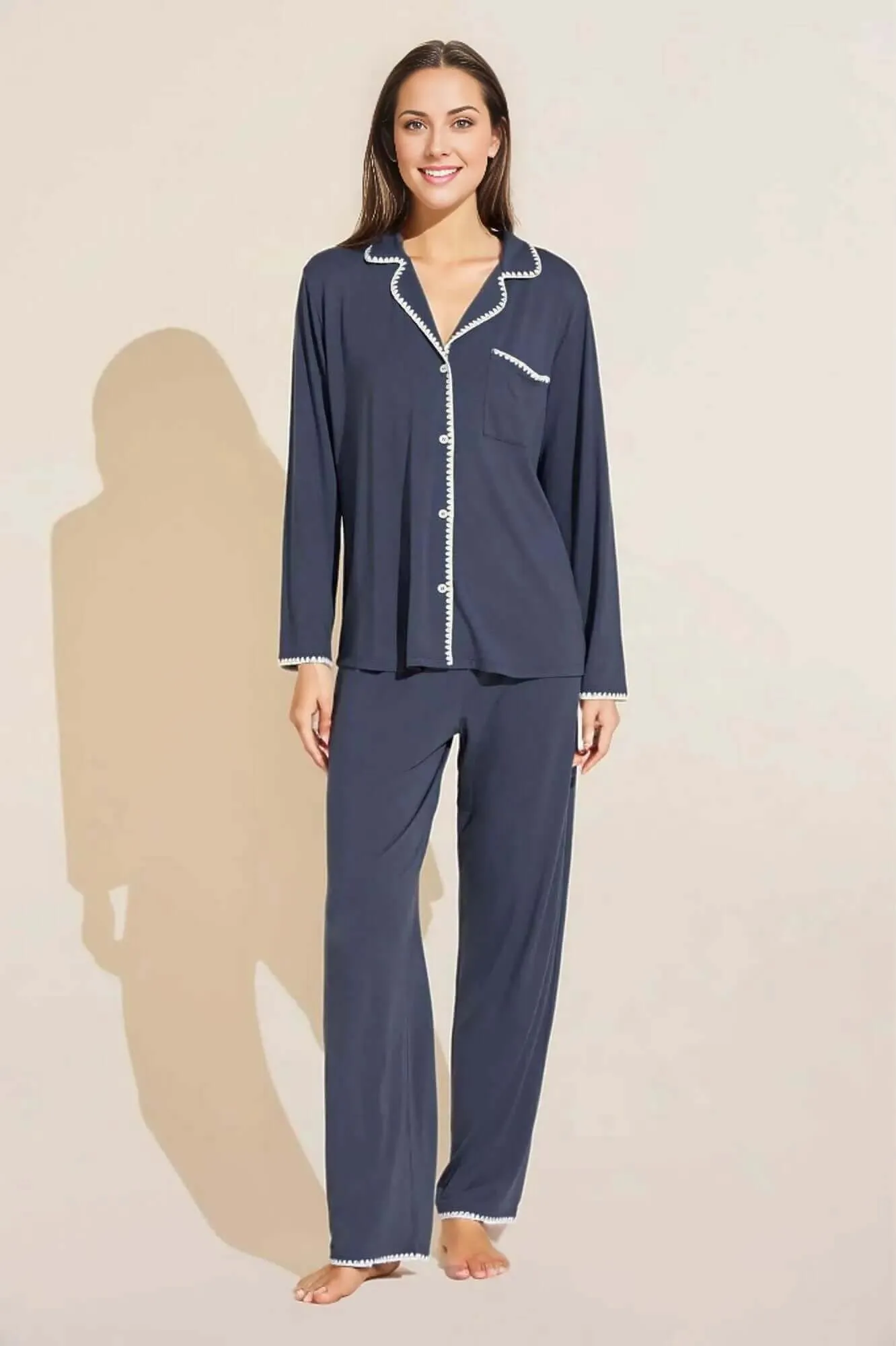 Frida Long PJ Set in Navy/Ivory