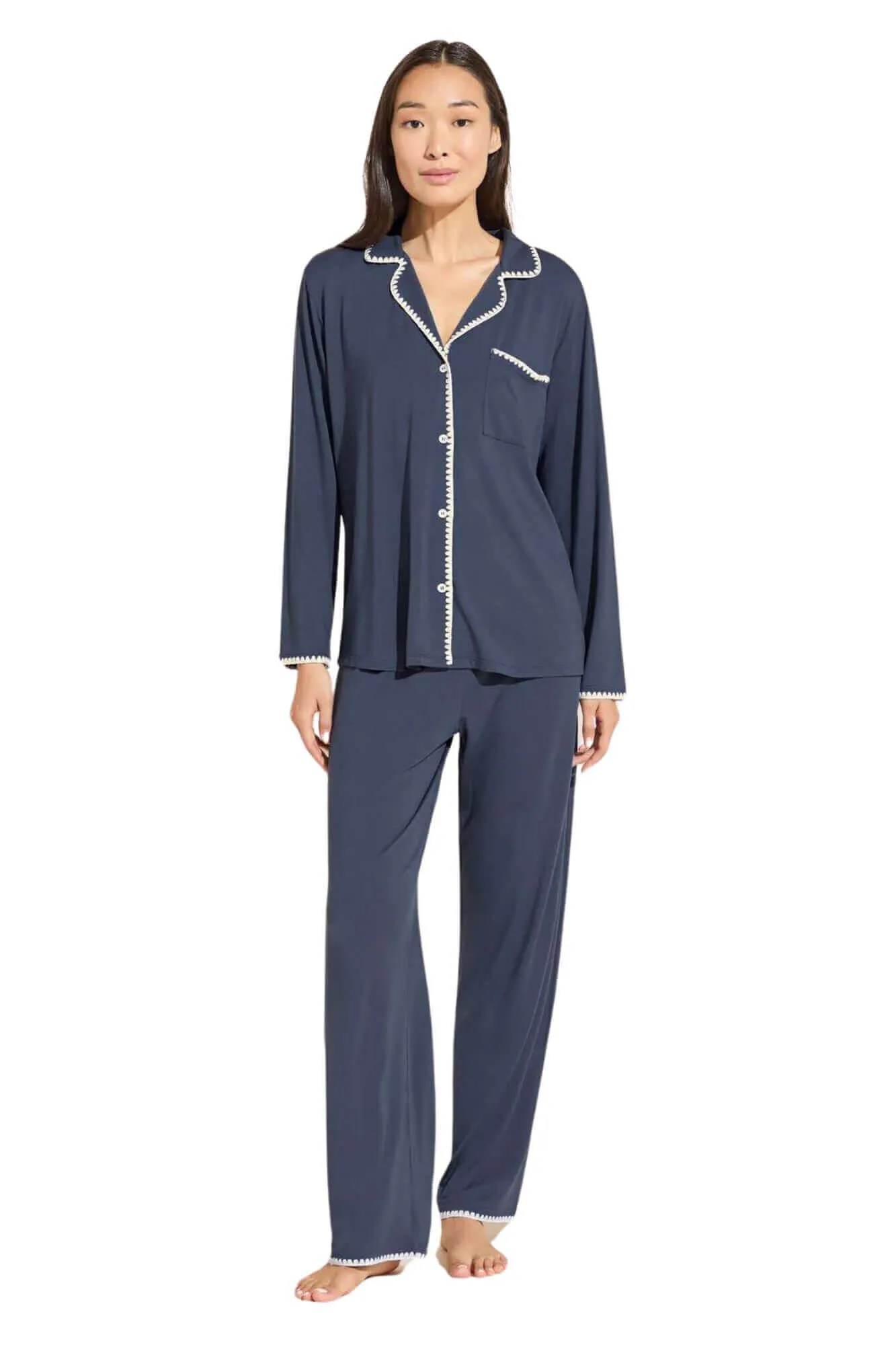 Frida Long PJ Set in Navy/Ivory