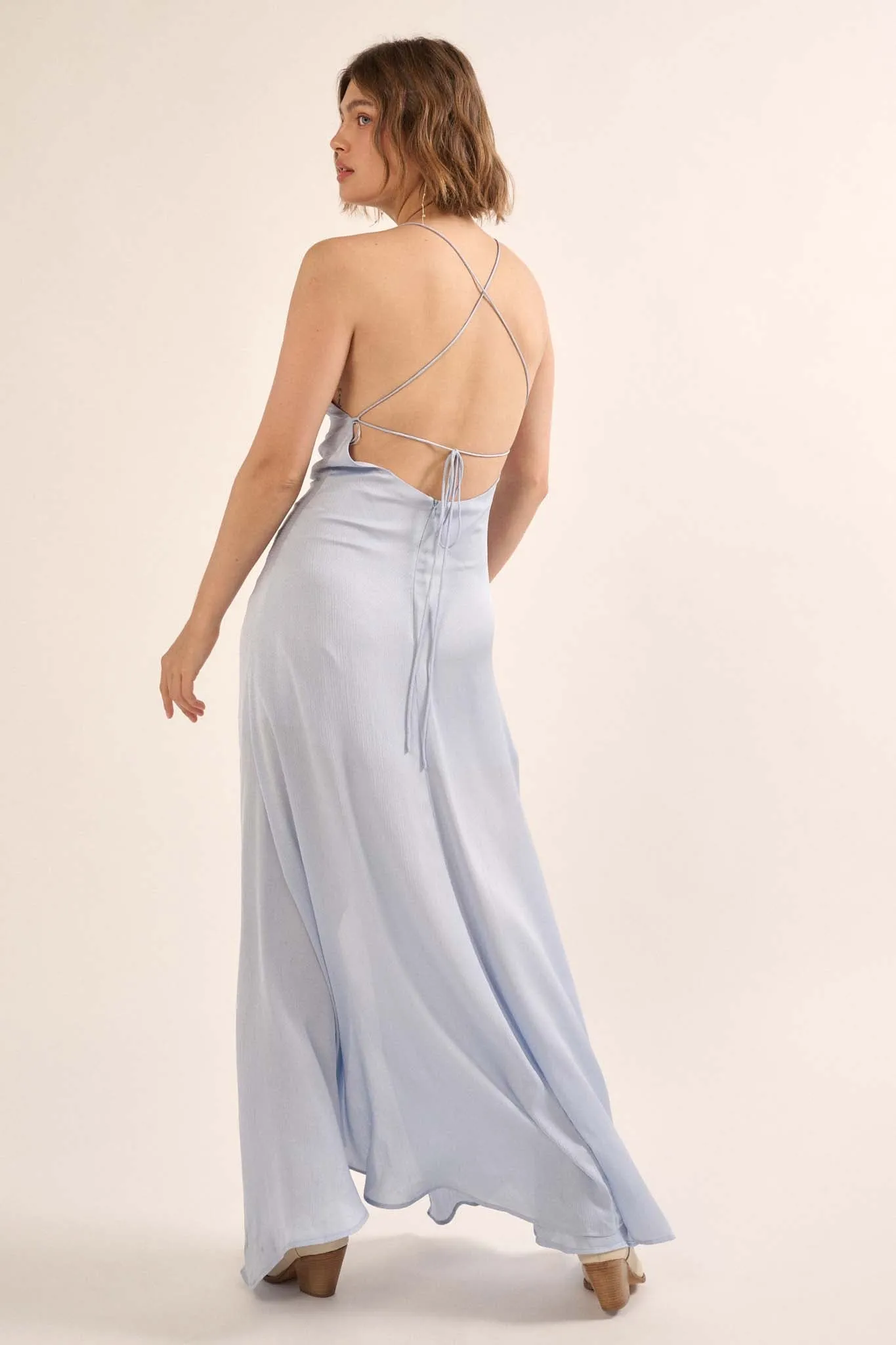 Gala Girl Textured Satin Drawstring Maxi Slip Dress