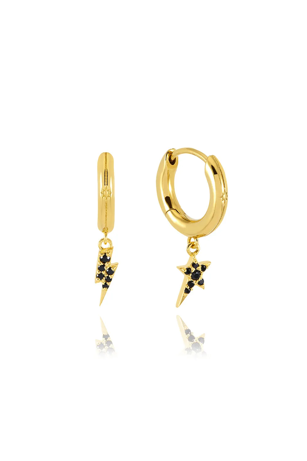 Gold Plated Huggie Hoops with Black Pavé Detailed Lightning Bolt & Star Charms