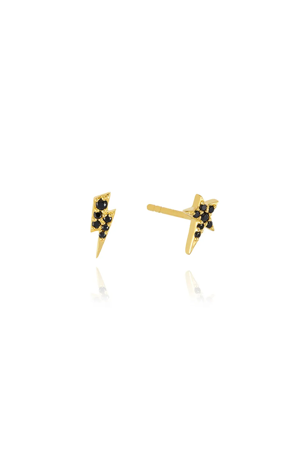 Gold Plated Lightning Bolt & Star Stud Earrings with Black Pavé Detailing