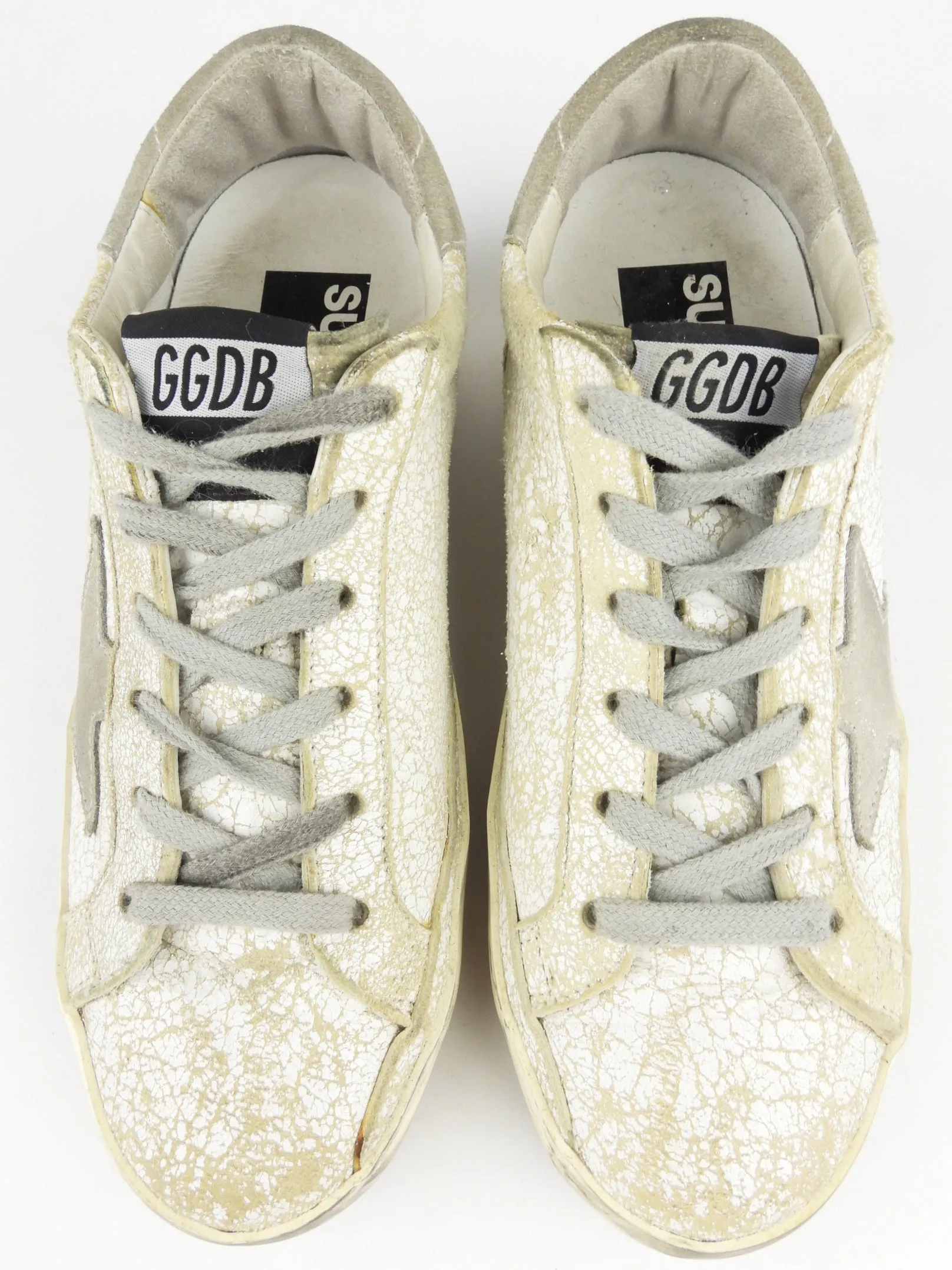 Golden Goose Ivory and Grey Distressed Leather Low Top Superstar Trainers - 36