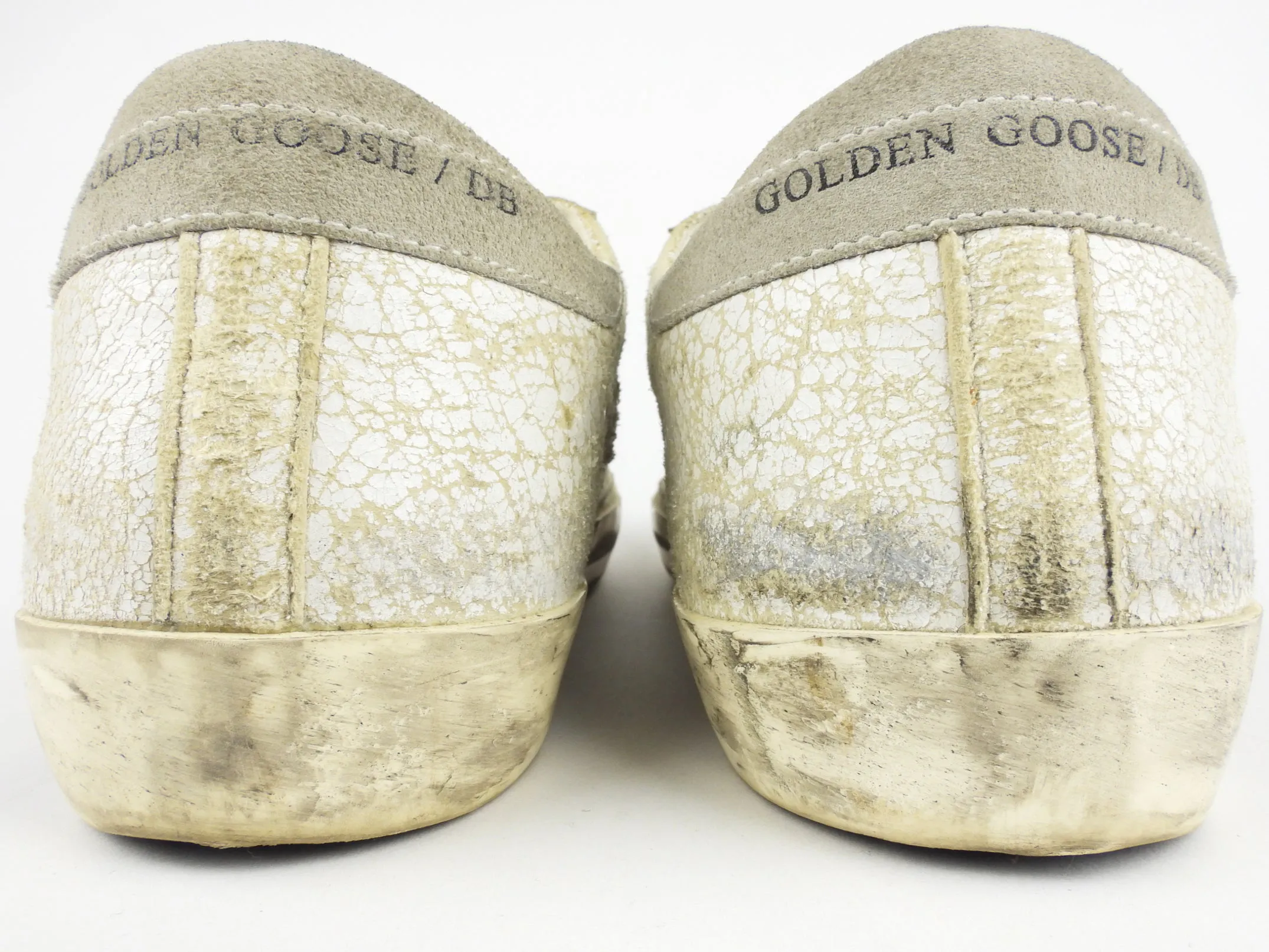 Golden Goose Ivory and Grey Distressed Leather Low Top Superstar Trainers - 36