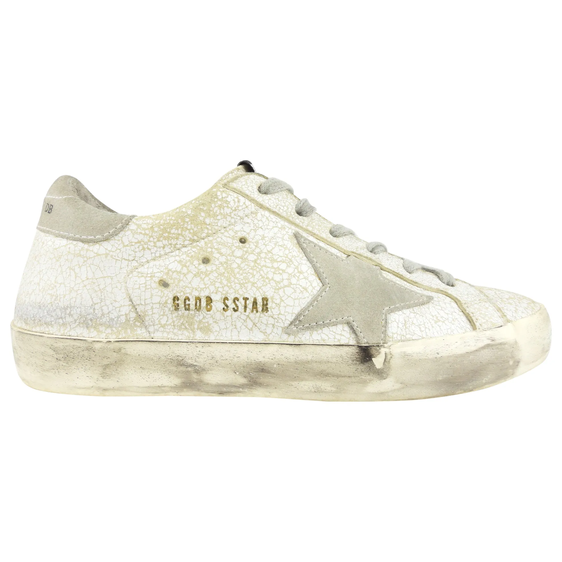 Golden Goose Ivory and Grey Distressed Leather Low Top Superstar Trainers - 36