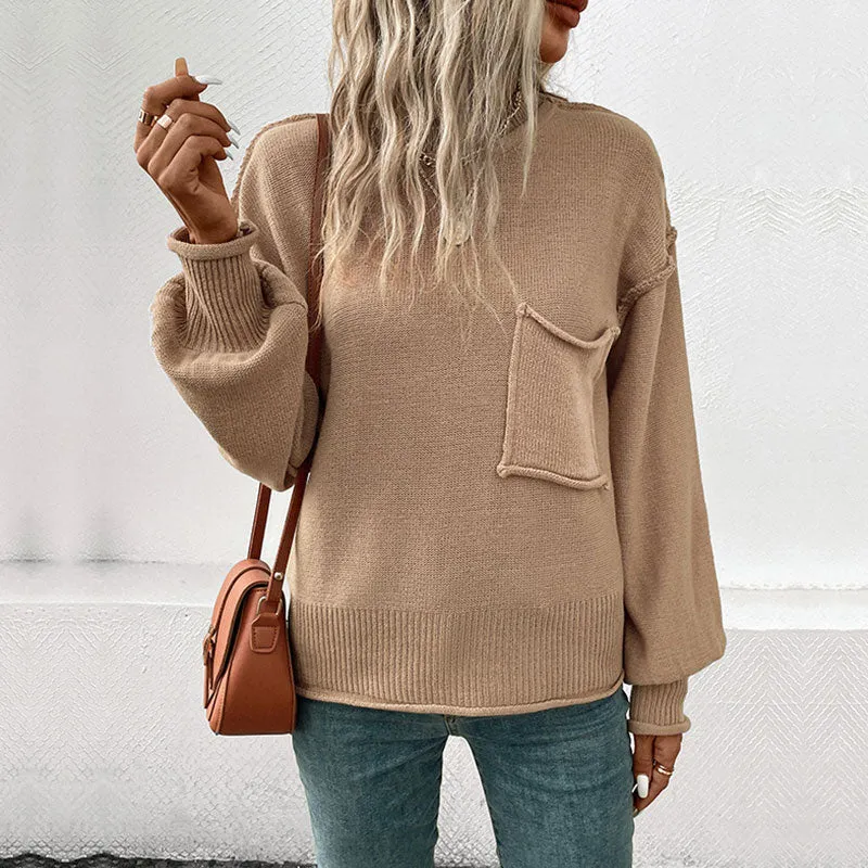 Grunge Reverse Seam Pocket Round Neck Drop Shoulder Long Sleeve Sweater