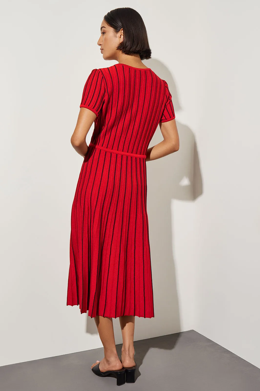 Jewel Neck Striped Flare Soft Knit Dress, Garnet