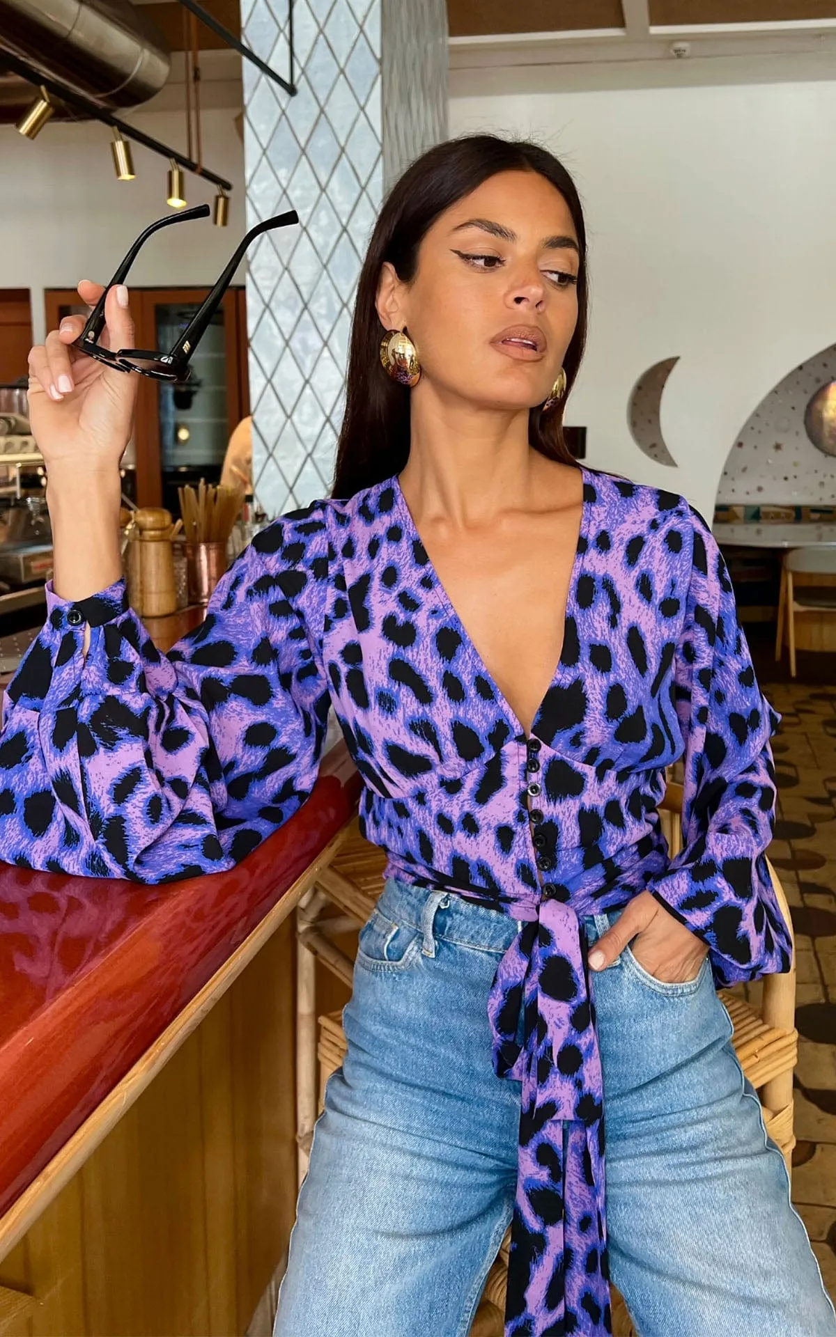 Joanie Tie Top In Lilac Leopard