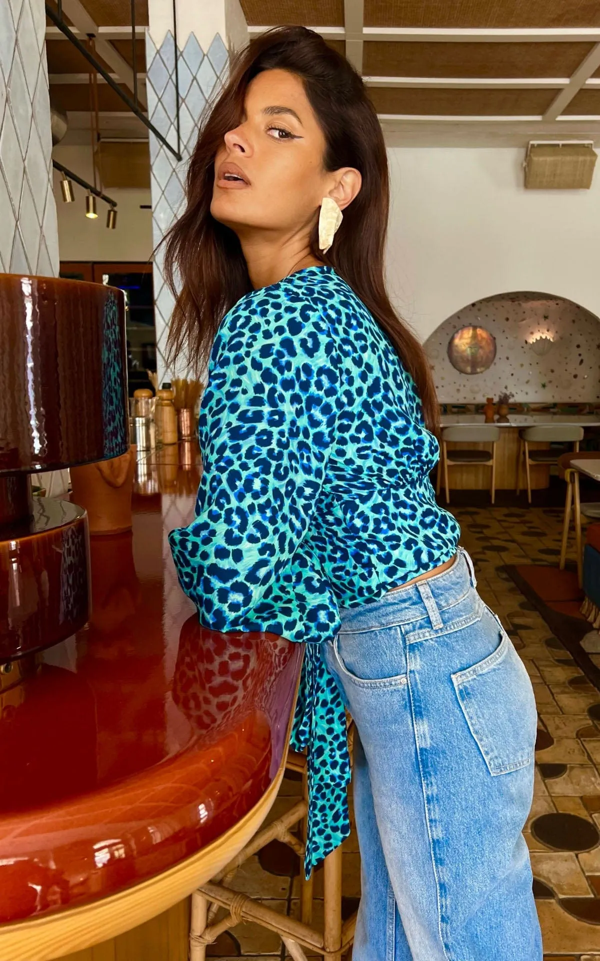 Joanie Tie Top In Turquoise Leopard