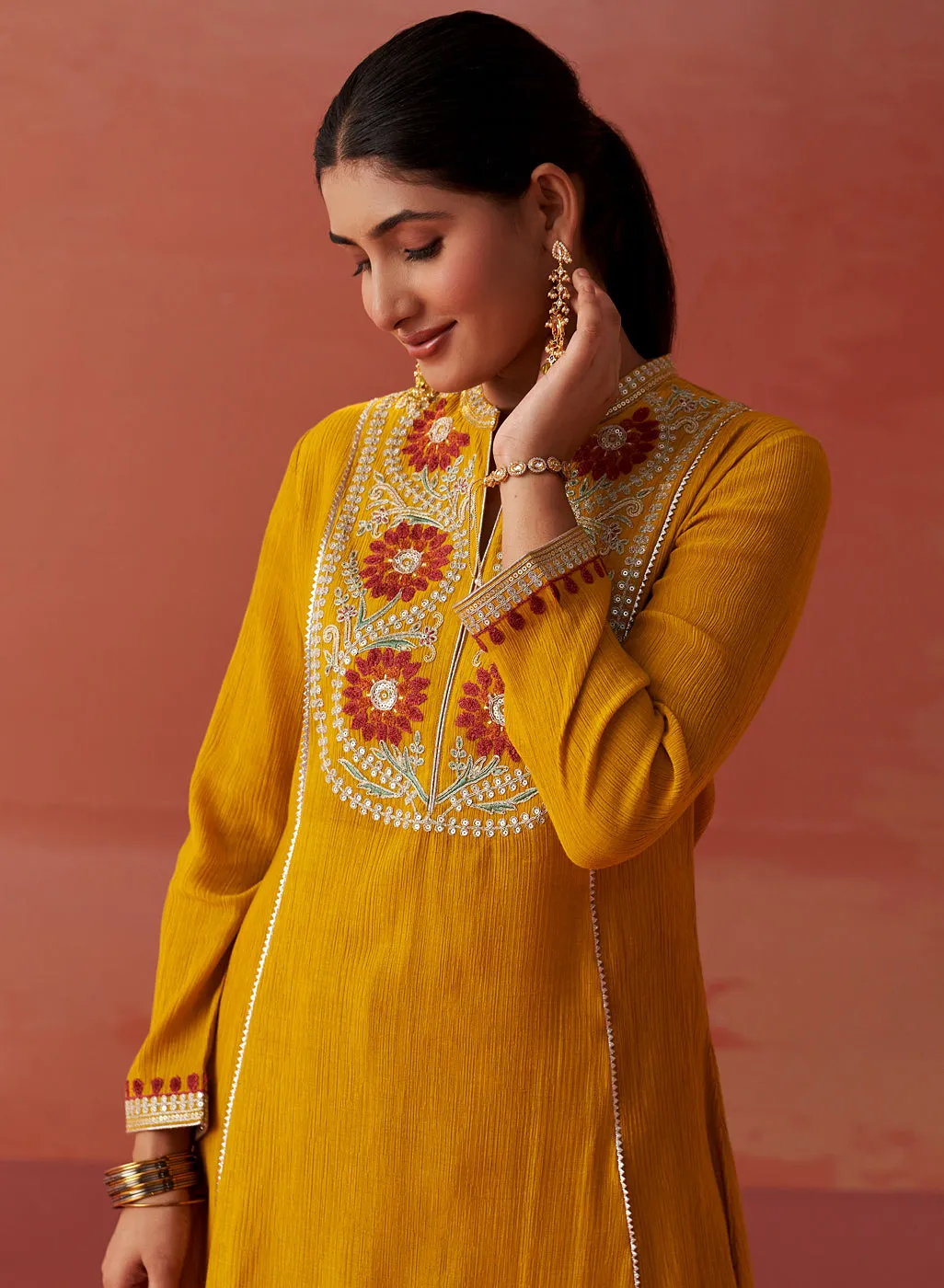 Karima Mustard Embroidered Viscose Kurta Set for Women