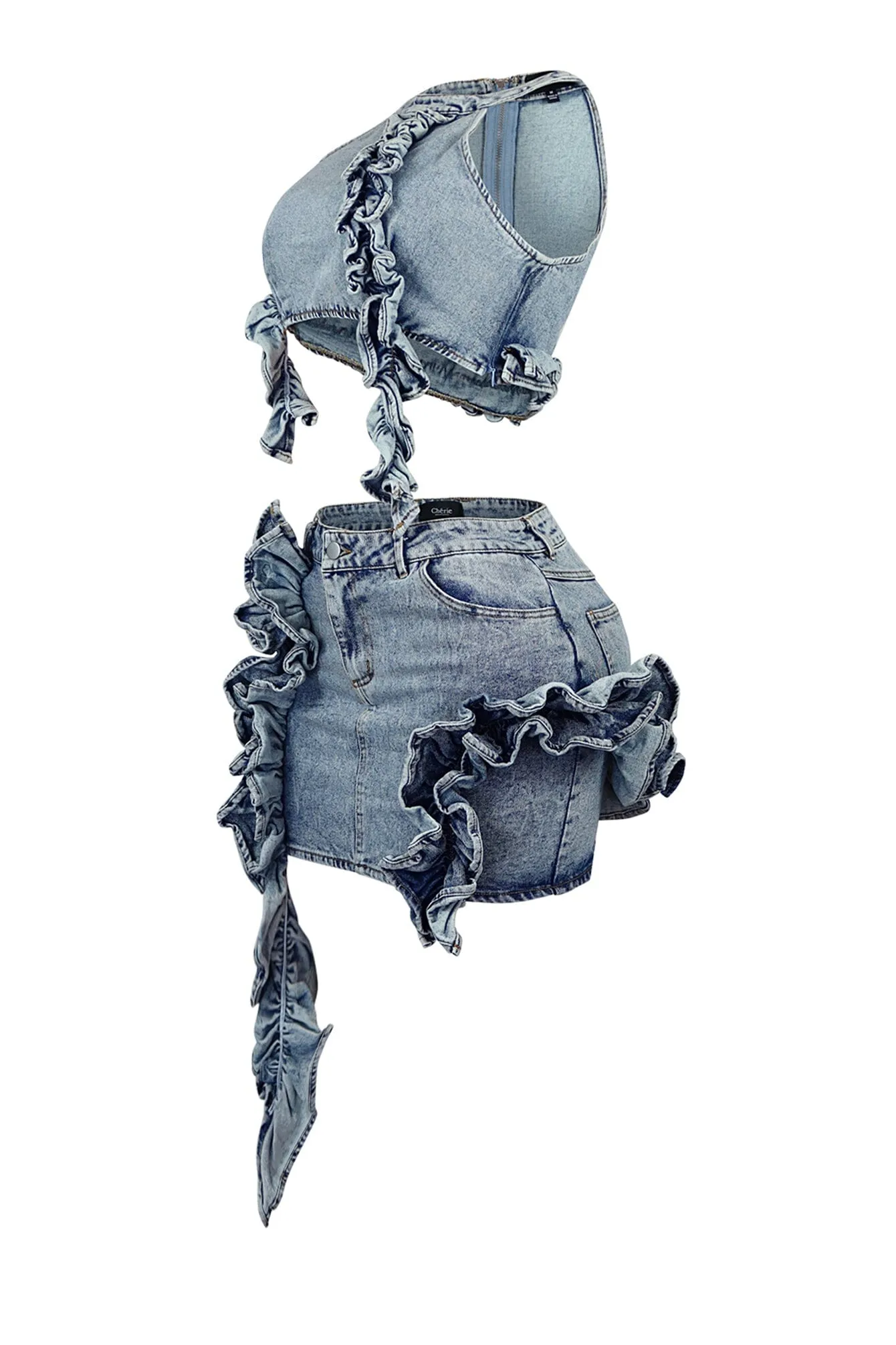 Karter Washed Denim Ruffled Top & Skirt SET