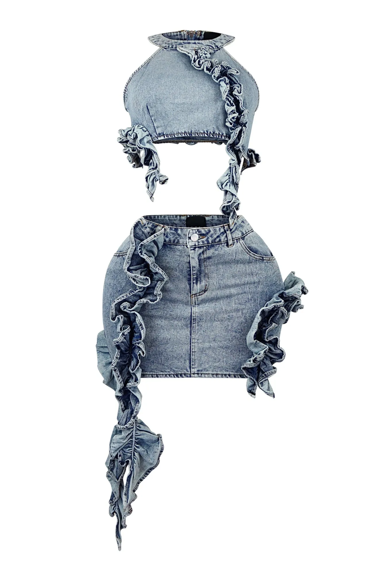 Karter Washed Denim Ruffled Top & Skirt SET