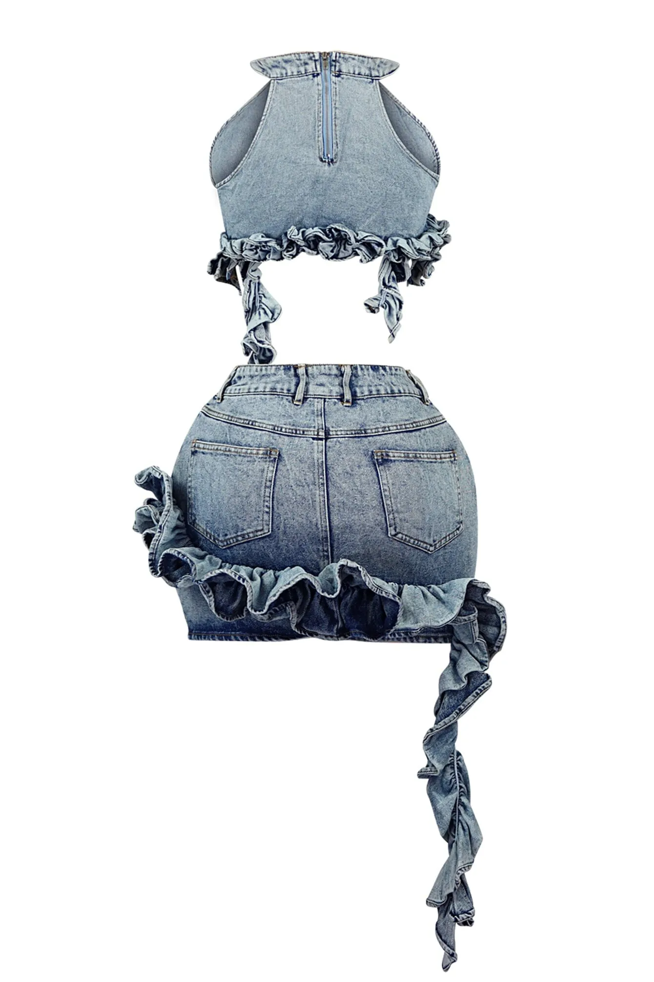 Karter Washed Denim Ruffled Top & Skirt SET