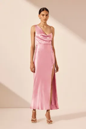 LA LUNE DRAPED SIDE SPLIT MIDI DRESS - PEONY