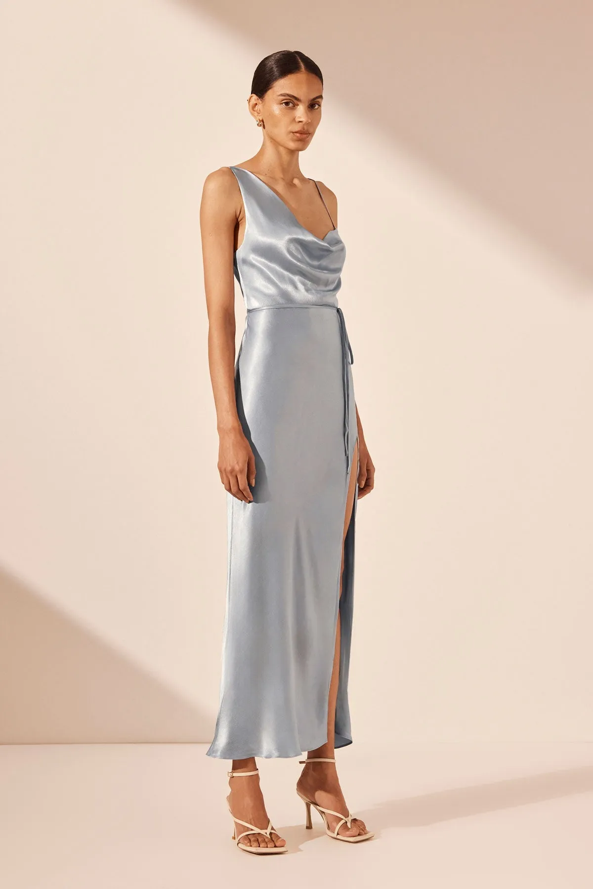 LA LUNE DRAPED SIDE SPLIT MIDI DRESS - POWDER BLUE