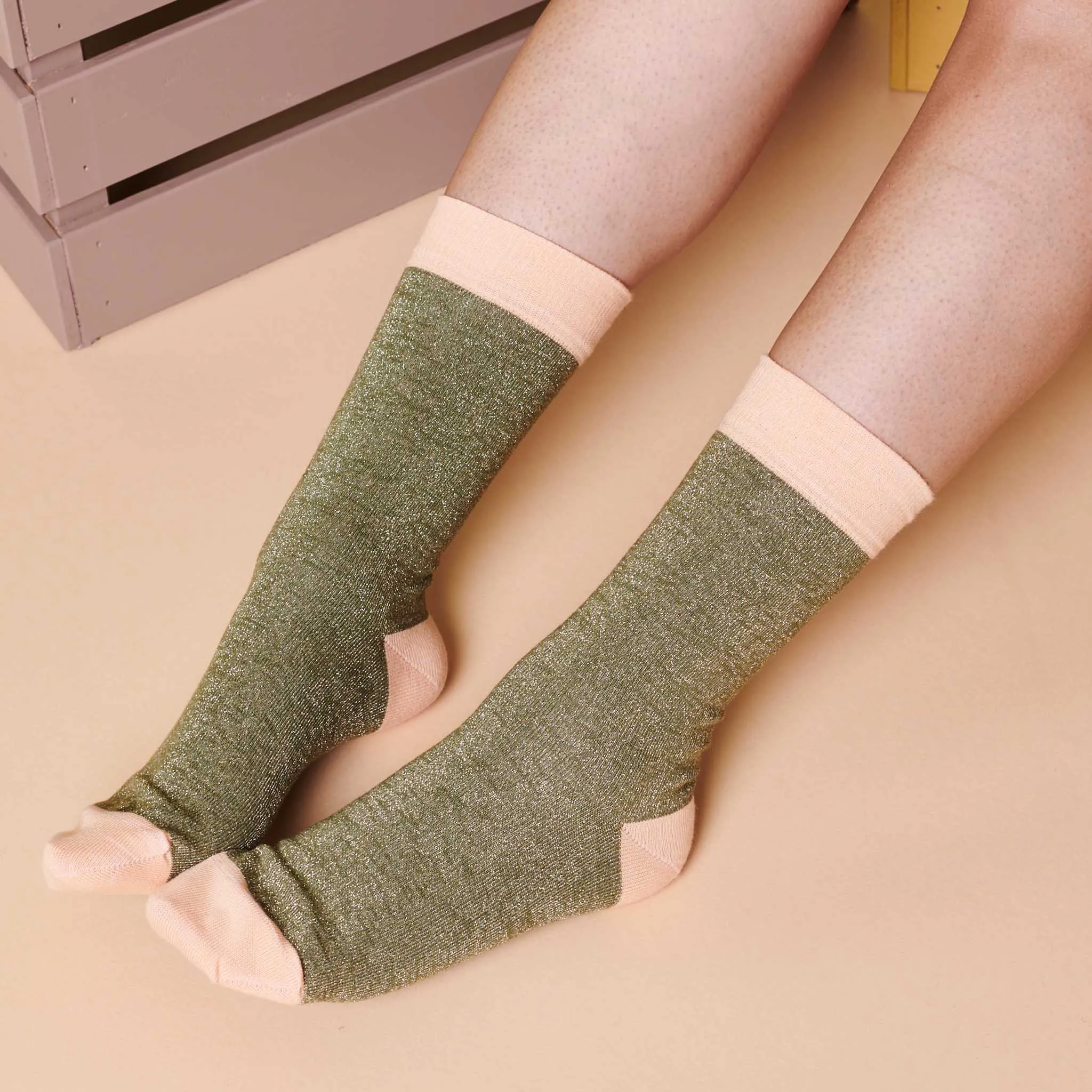 Ladies Khaki & Peach Glitter Organic Cotton Ankle Socks