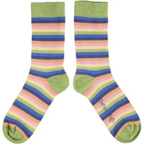 Ladies Soft Green Multi Stripe Organic Cotton Ankle Socks