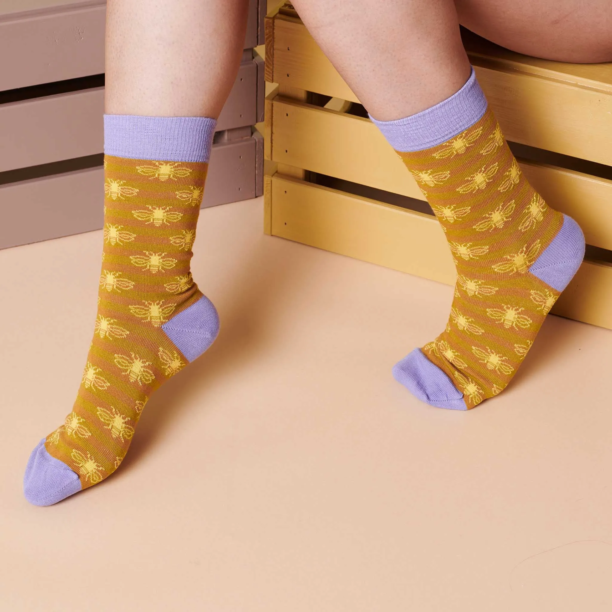 Ladies Stripy Ginger Bee Organic Cotton Ankle Socks