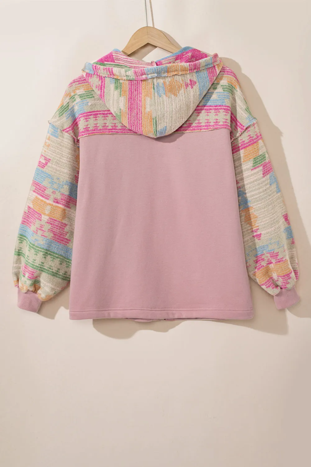 Light Pink Aztec Patch Drawstring Hooded Zip Up Jacket