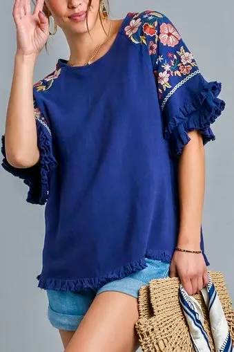 Linen Blend Top with Embroidered Bell Short Sleeves- Navy Blue