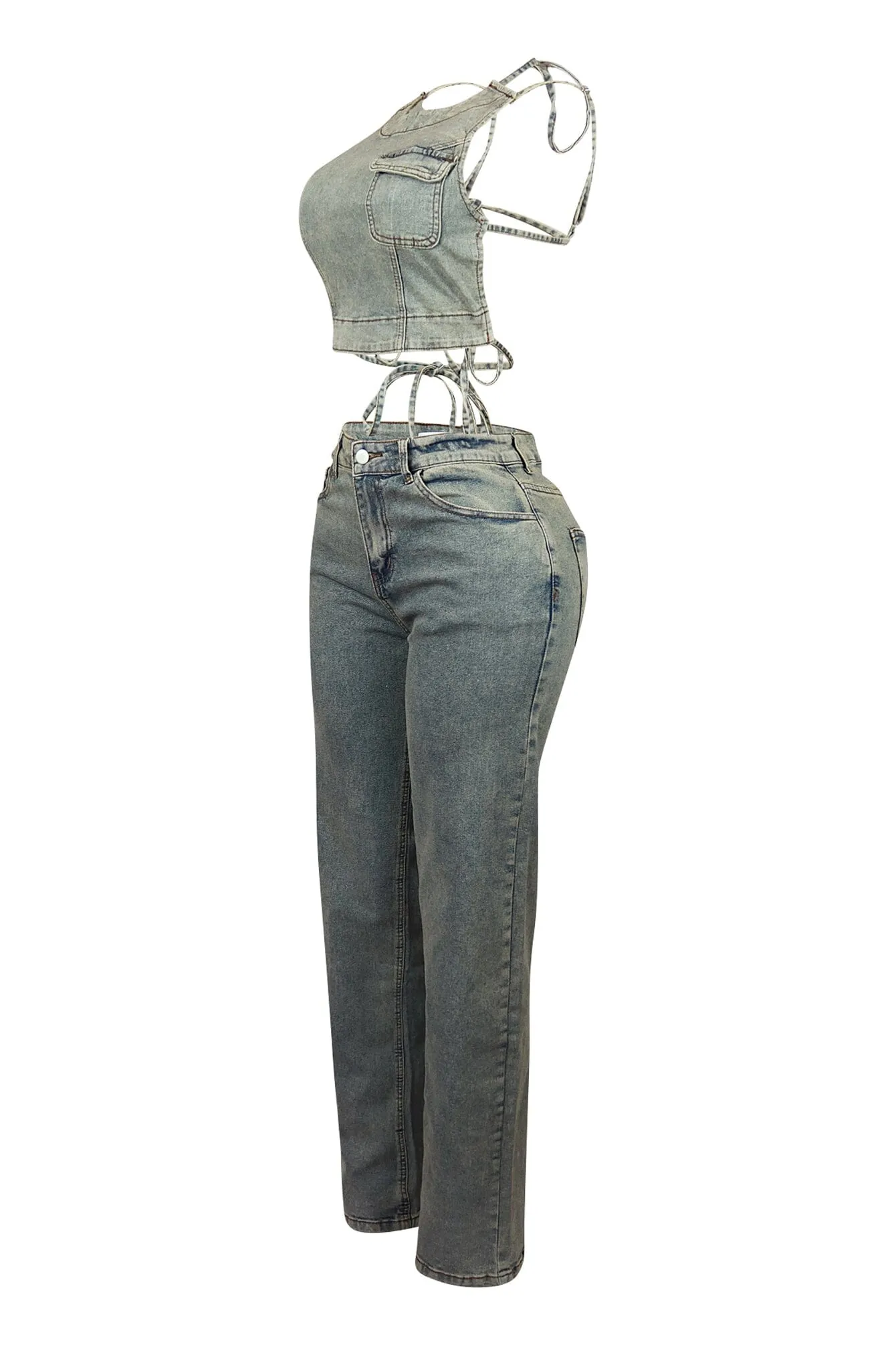 Lorna Denim Halter Top & Pants SET