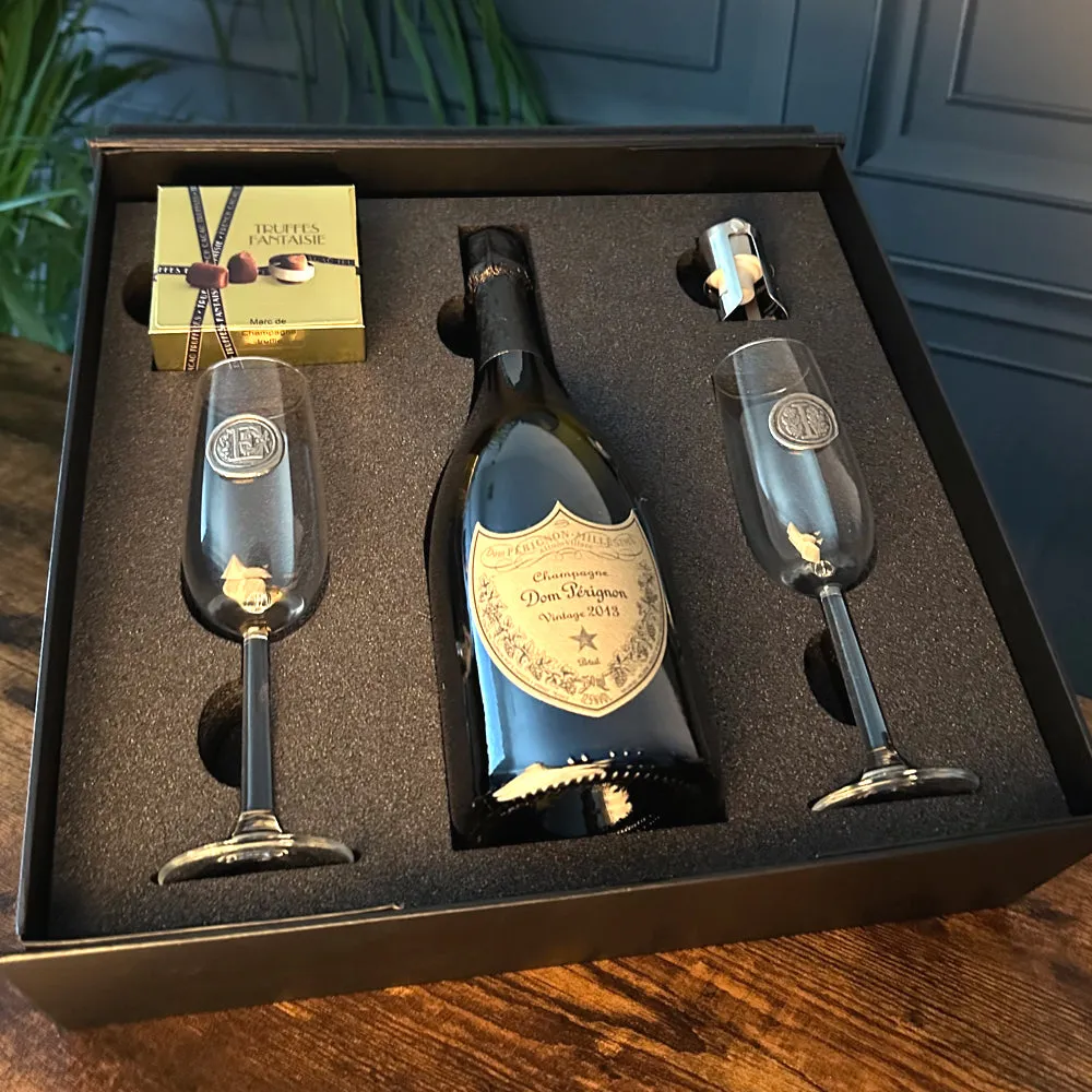 Luxury Champagne Gift Set Includes Bottle, 2 Personalised Champagne Flutes, Pewter Champagne Sealer & Truffles