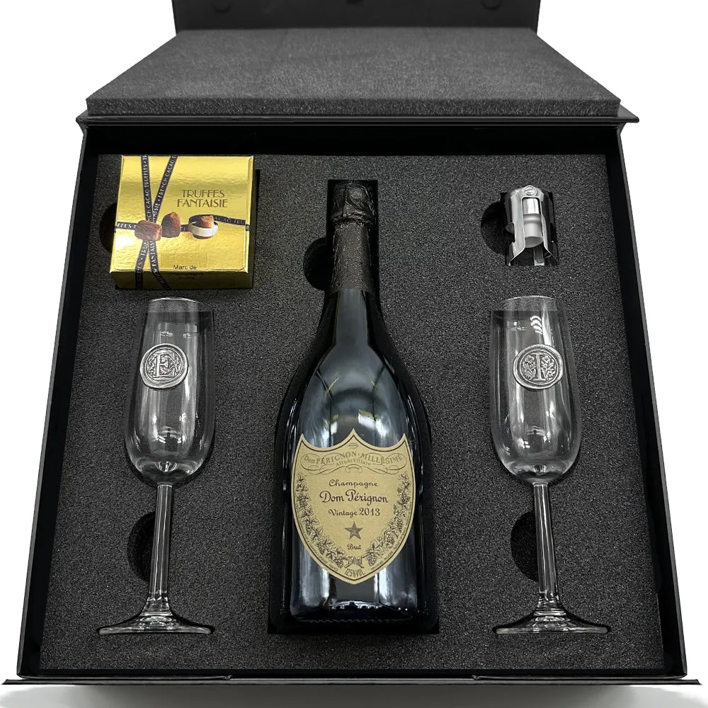 Luxury Champagne Gift Set Includes Bottle, 2 Personalised Champagne Flutes, Pewter Champagne Sealer & Truffles