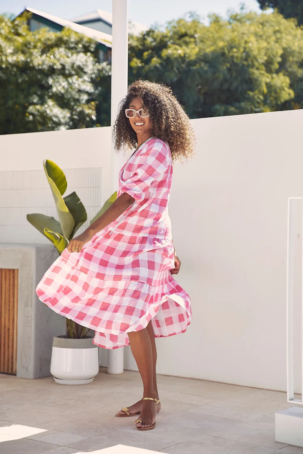 Maddie Dress - Pink Check Linen SALE