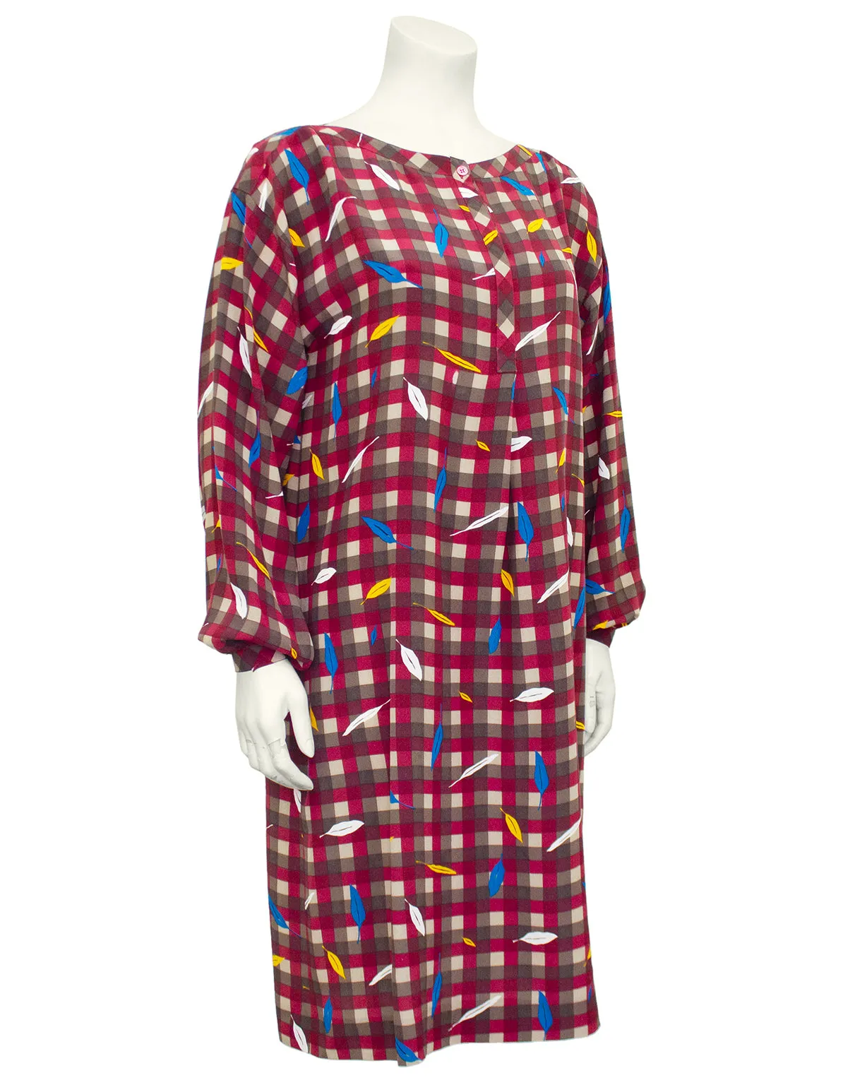 Maroon Check and Feather Print Silk Dress