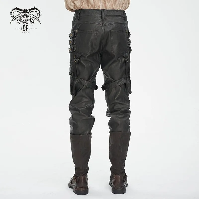 Men's Gothic Big-pocket Bronze Studded Faux Leather Pants