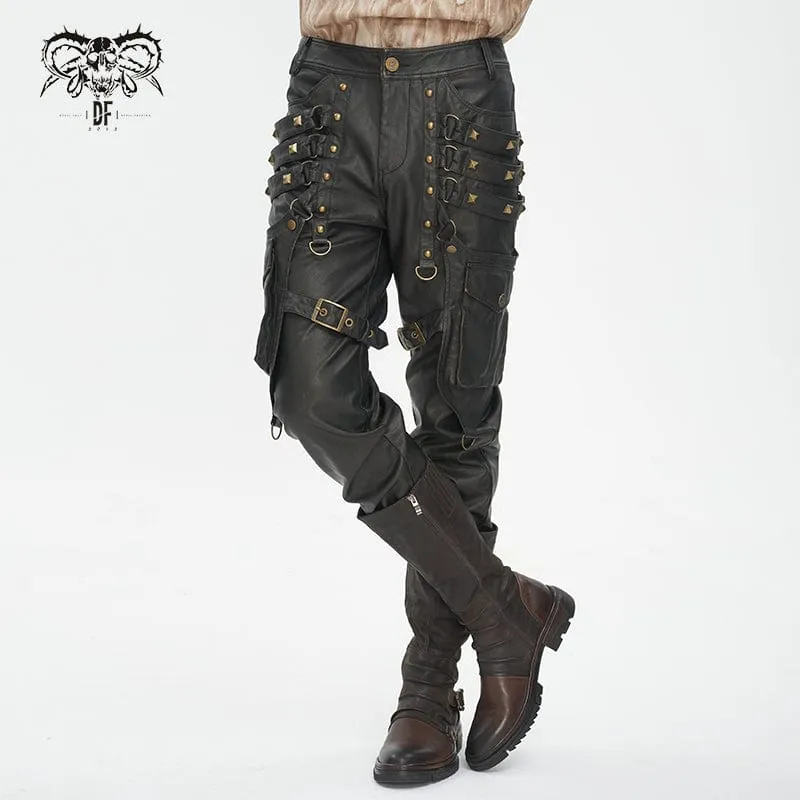 Men's Gothic Big-pocket Bronze Studded Faux Leather Pants