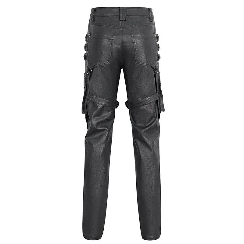 Men's Gothic Big-pocket Bronze Studded Faux Leather Pants