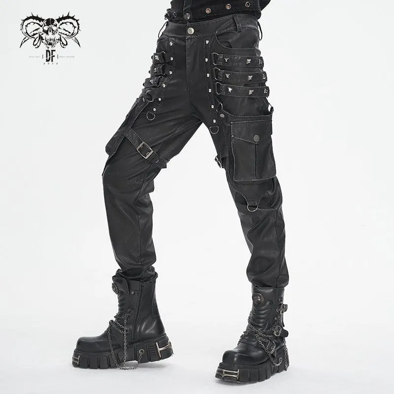 Men's Gothic Big-pocket Sliver Studded Faux Leather Pants