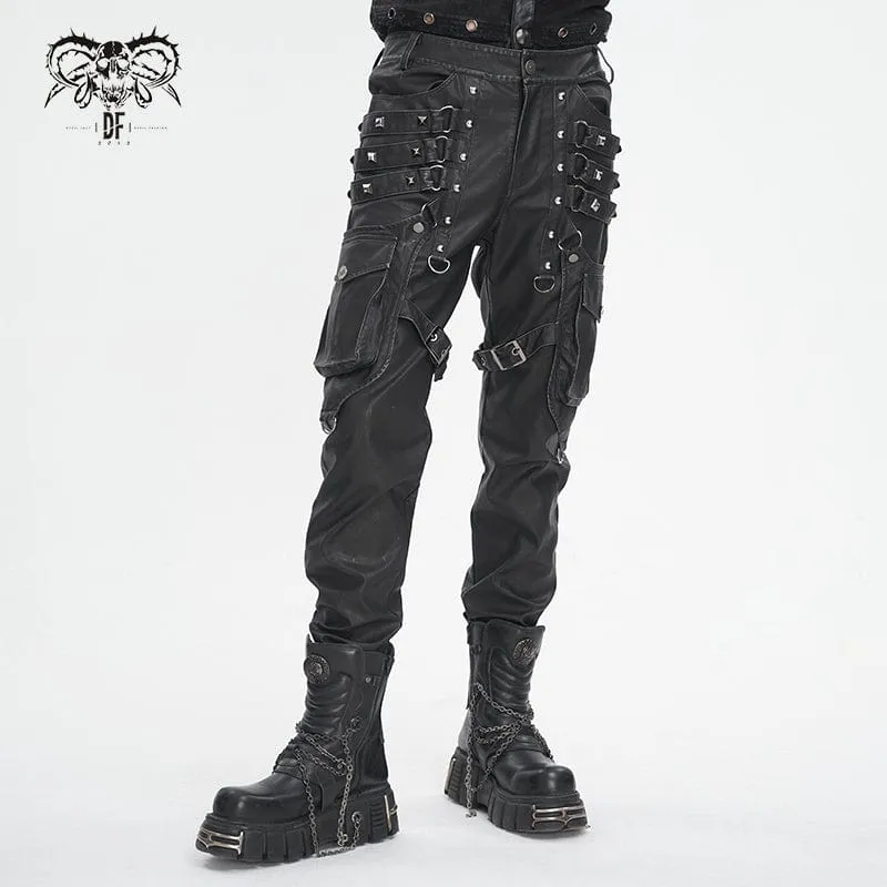 Men's Gothic Big-pocket Sliver Studded Faux Leather Pants