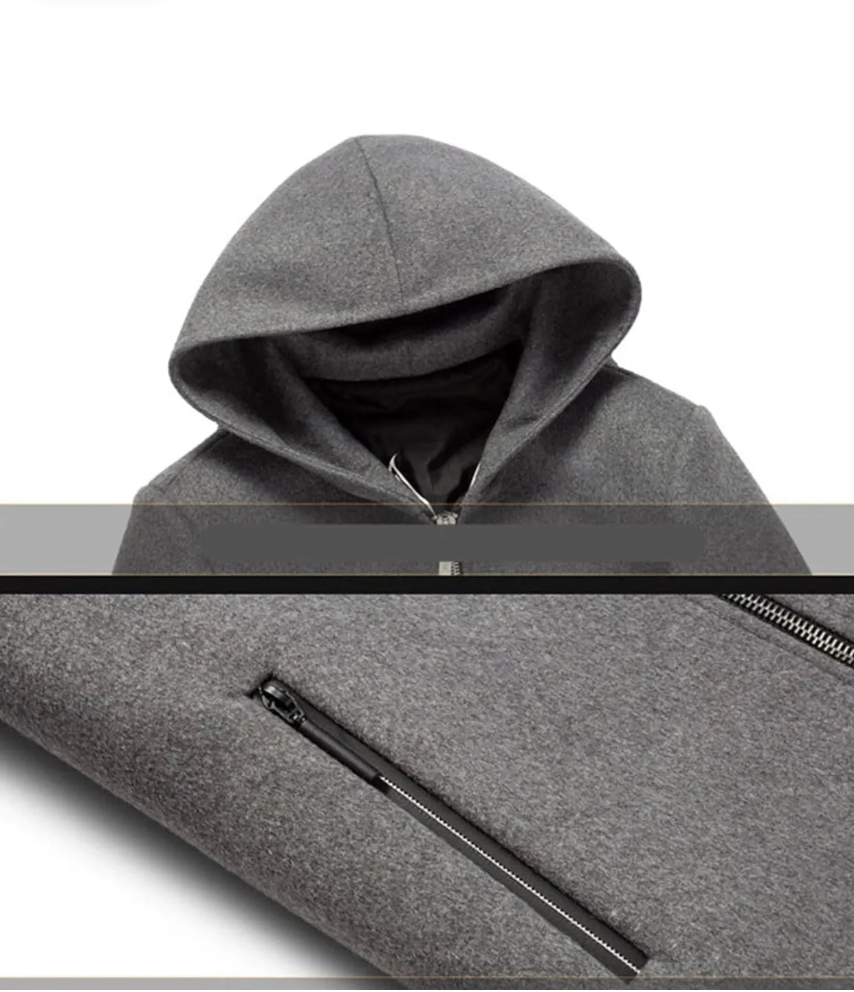 Men's Premium End Wool Blend Trench Coat Zip Closure Hooded Mid Long Overcoat | B518