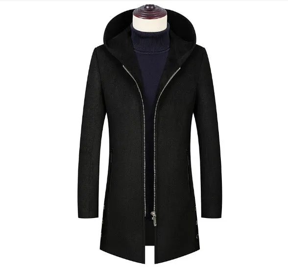 Men's Premium End Wool Blend Trench Coat Zip Closure Hooded Mid Long Overcoat | B518