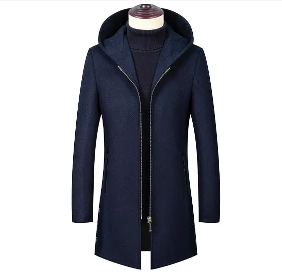 Men's Premium End Wool Blend Trench Coat Zip Closure Hooded Mid Long Overcoat | B518