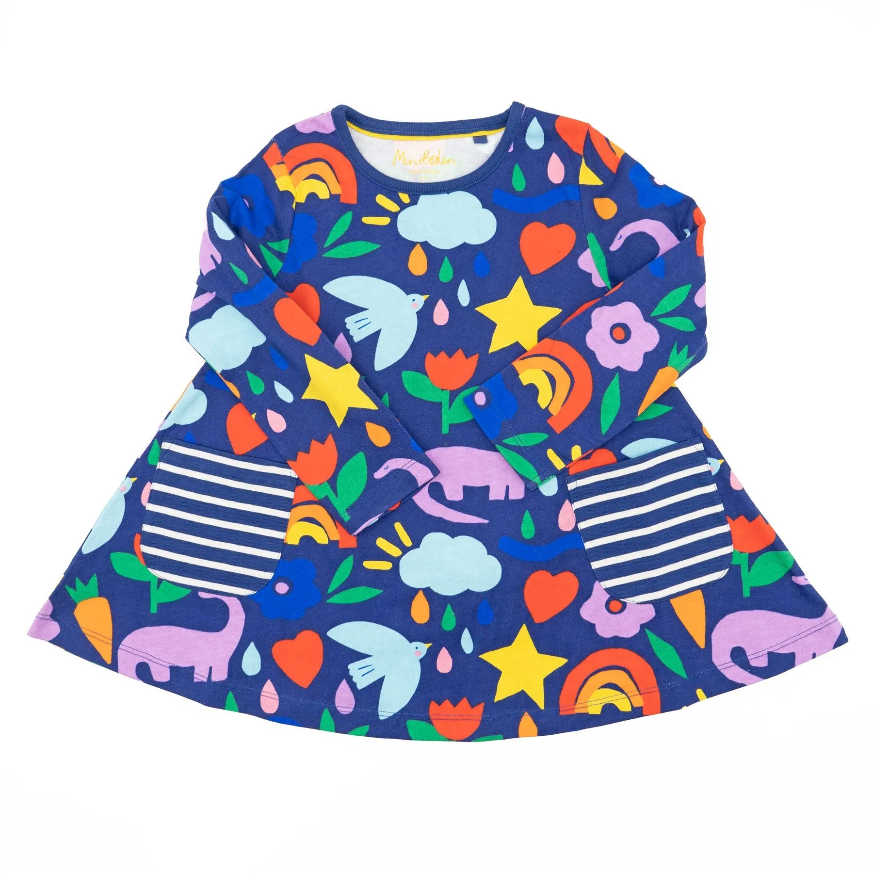 Mini Boden Girls Happy Dino Blue Long Sleeve Flare Dresses