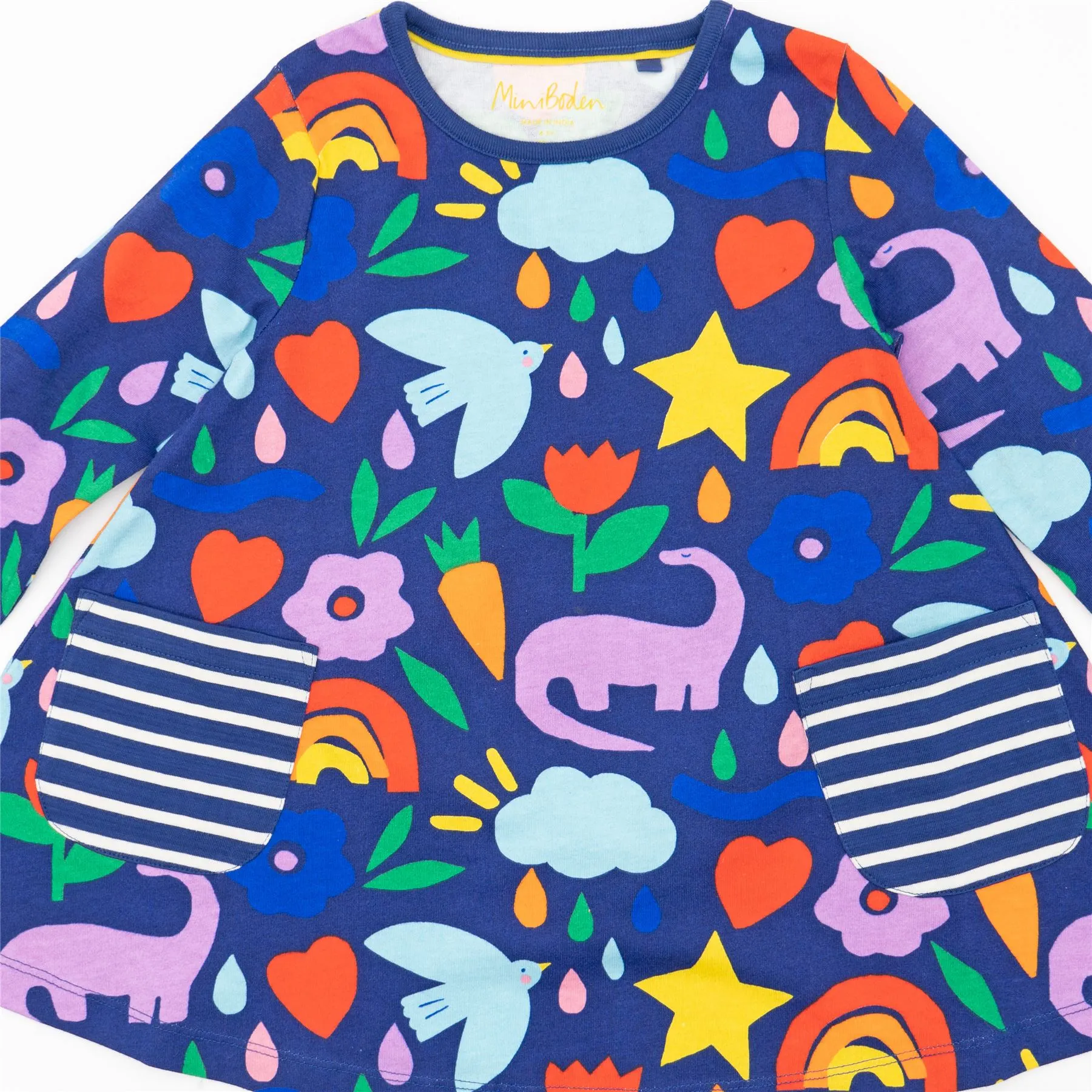 Mini Boden Girls Happy Dino Blue Long Sleeve Flare Dresses